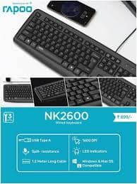 Rapoo NK2600 Spill- Resistant Wired Keyboard